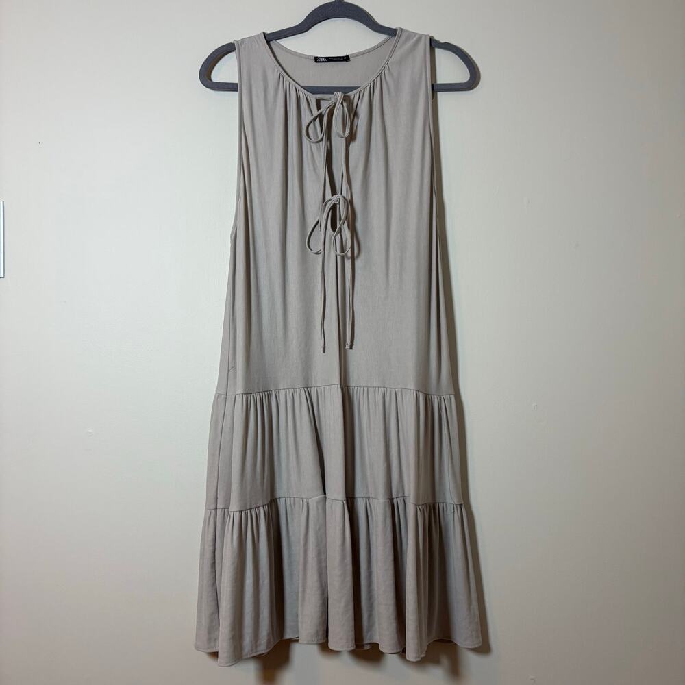 Zara Womens Ruffle Hem Tiered Midi Dress L Double Front Tie Beige Vacation Beach